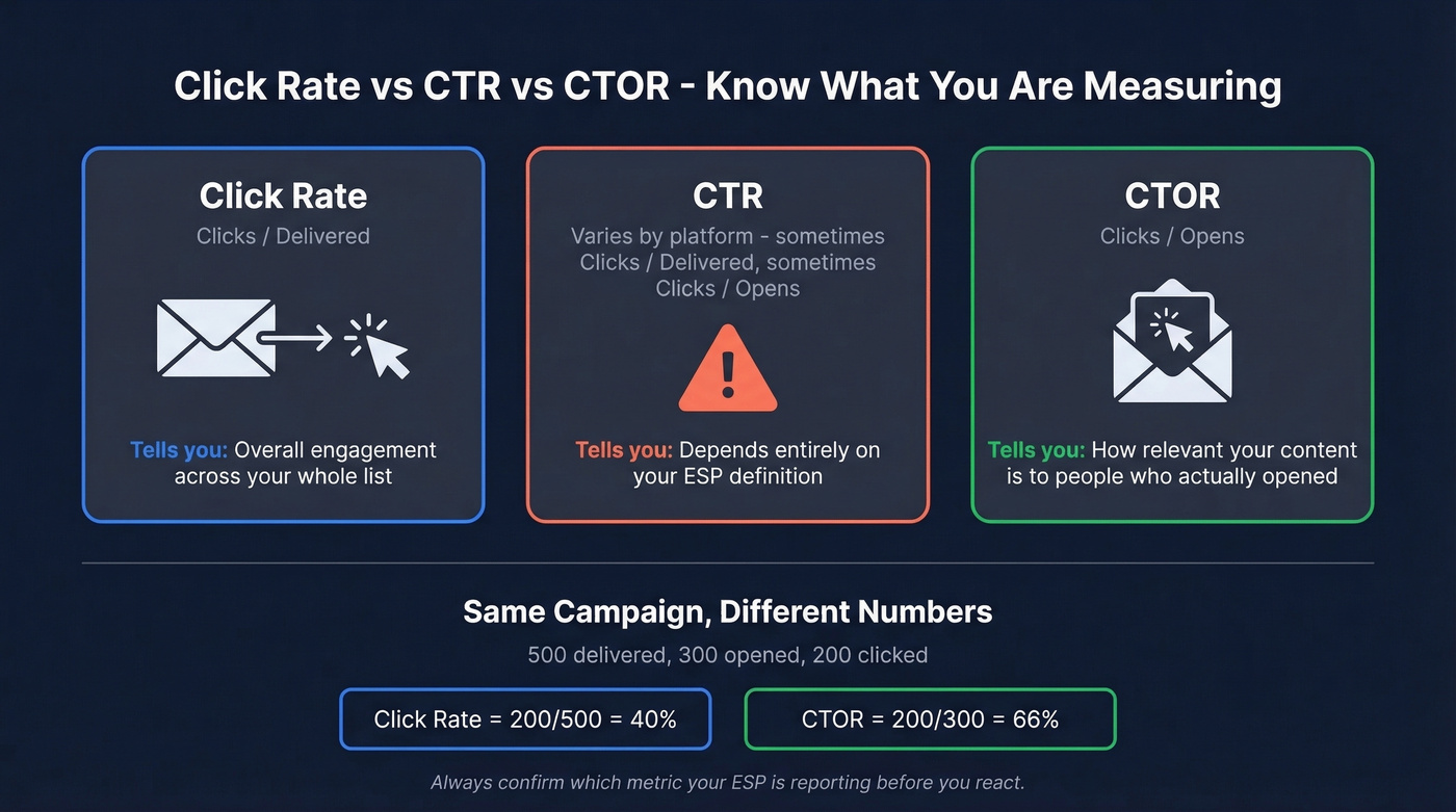 Visual breakdown of click rate vs CTR vs CTOR formulas