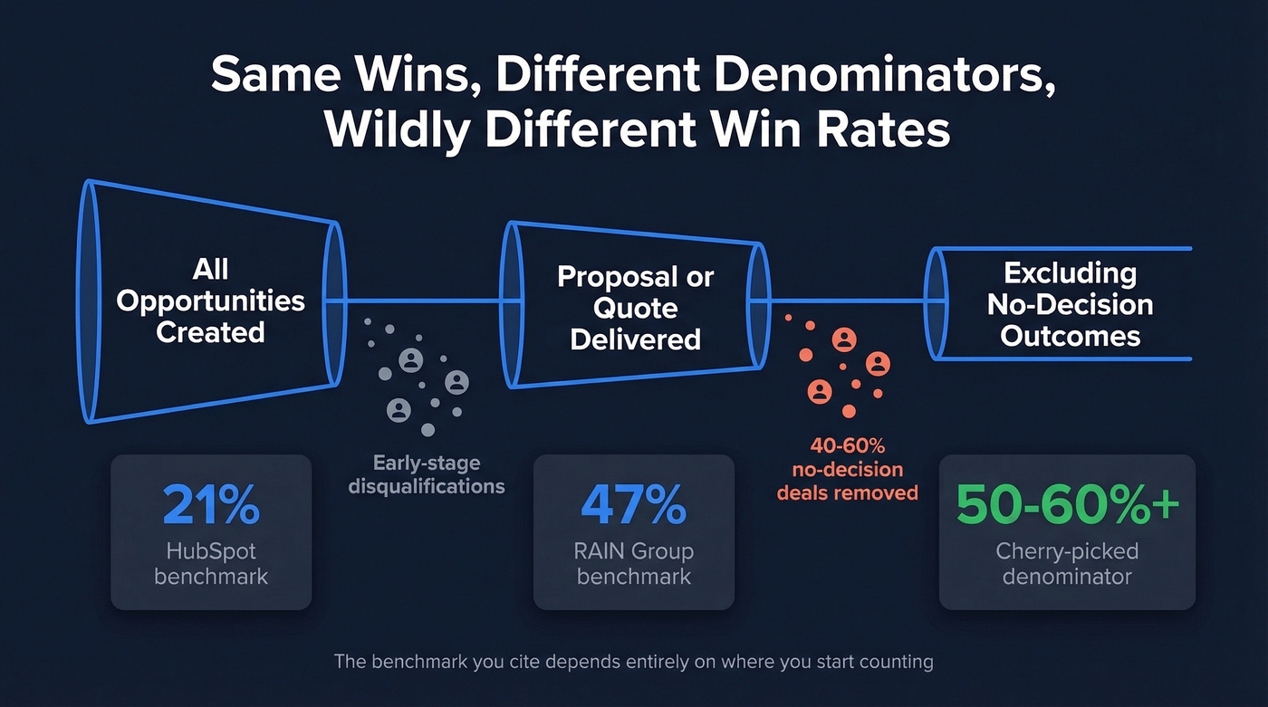 How denominator choice swings win rate from 21% to 60%