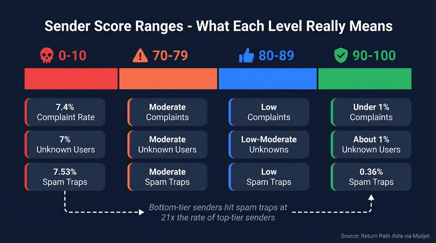 Sender score ranges with complaint rates and spam trap data