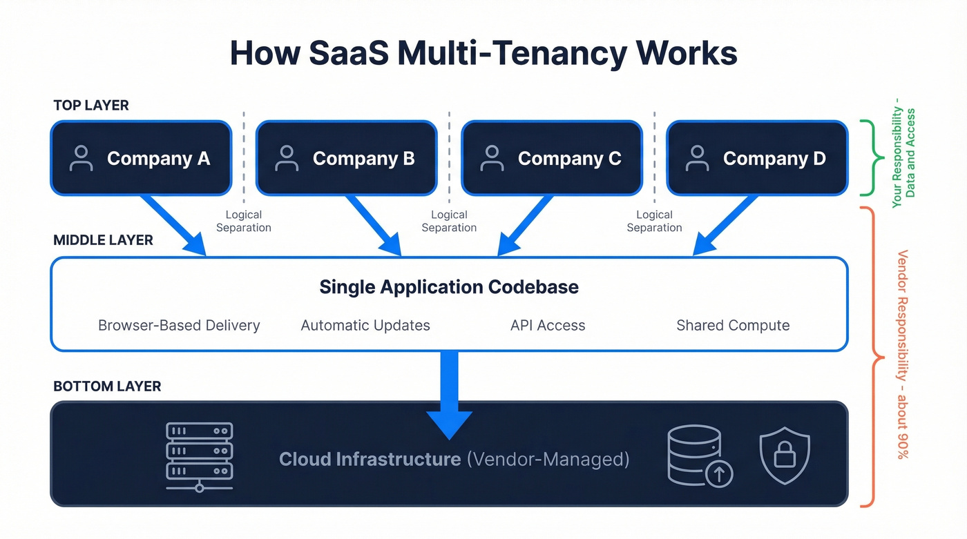 SaaS multi-tenancy architecture diagram showing shared infrastructure