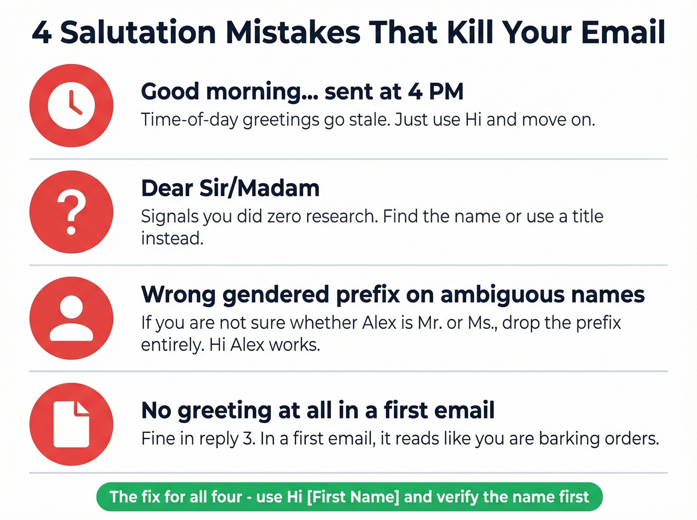Common email salutation mistakes with warning icons
