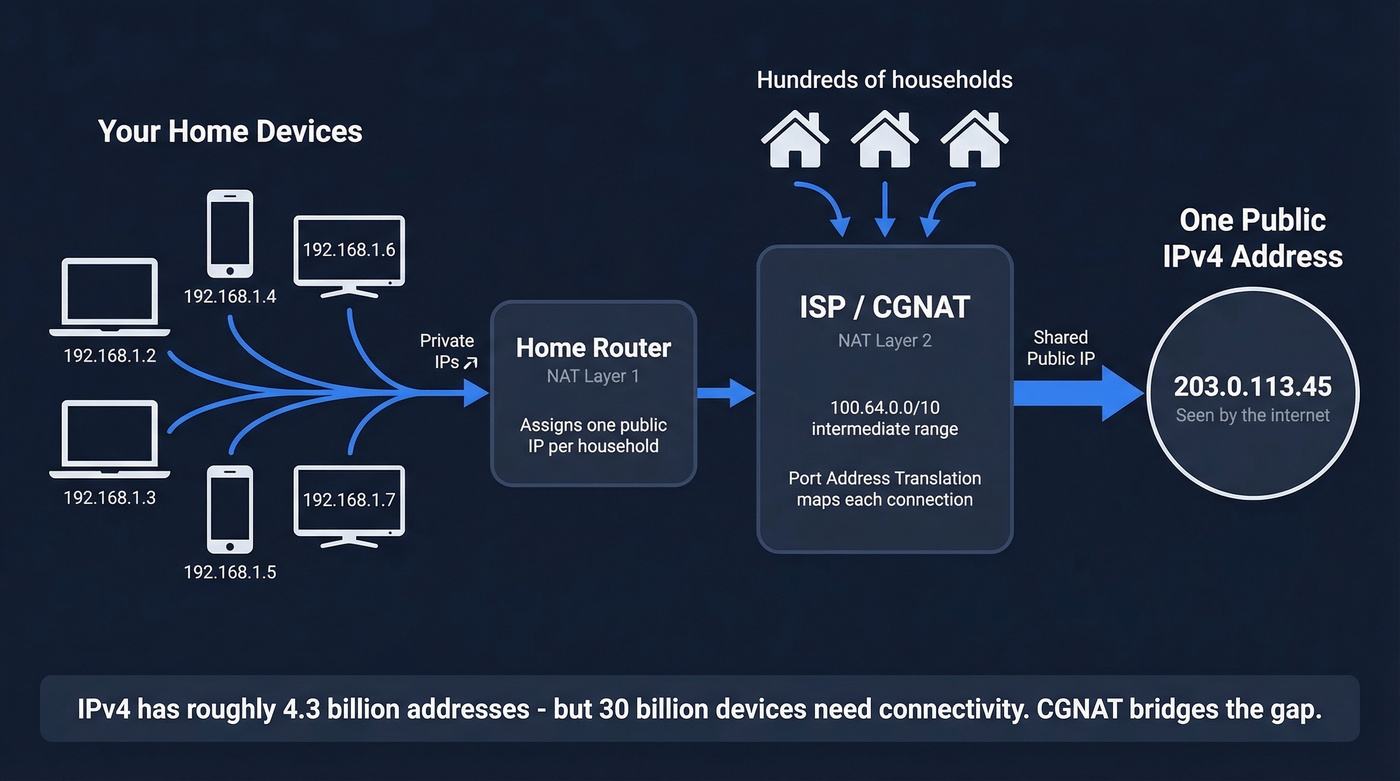 NAT and CGNAT architecture showing shared IP layers
