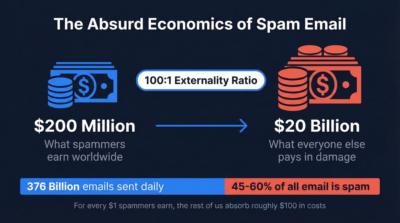 Spam economics showing 100:1 cost externality ratio