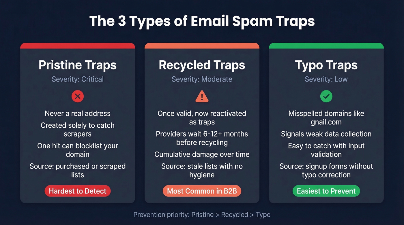 Three types of spam traps compared visually