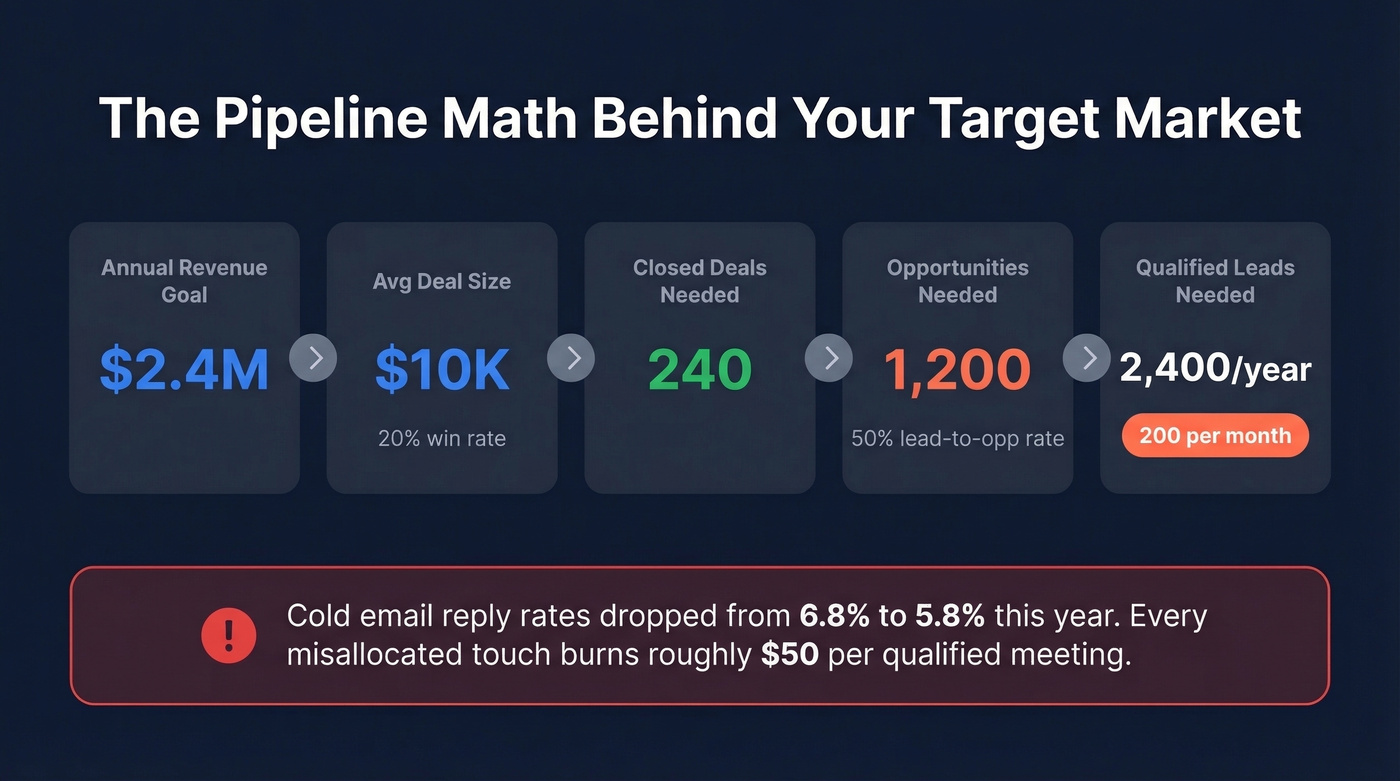 Revenue math waterfall from annual goal to monthly qualified leads