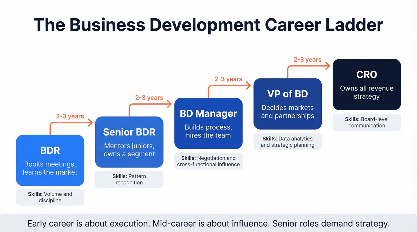 BD career progression from BDR to CRO