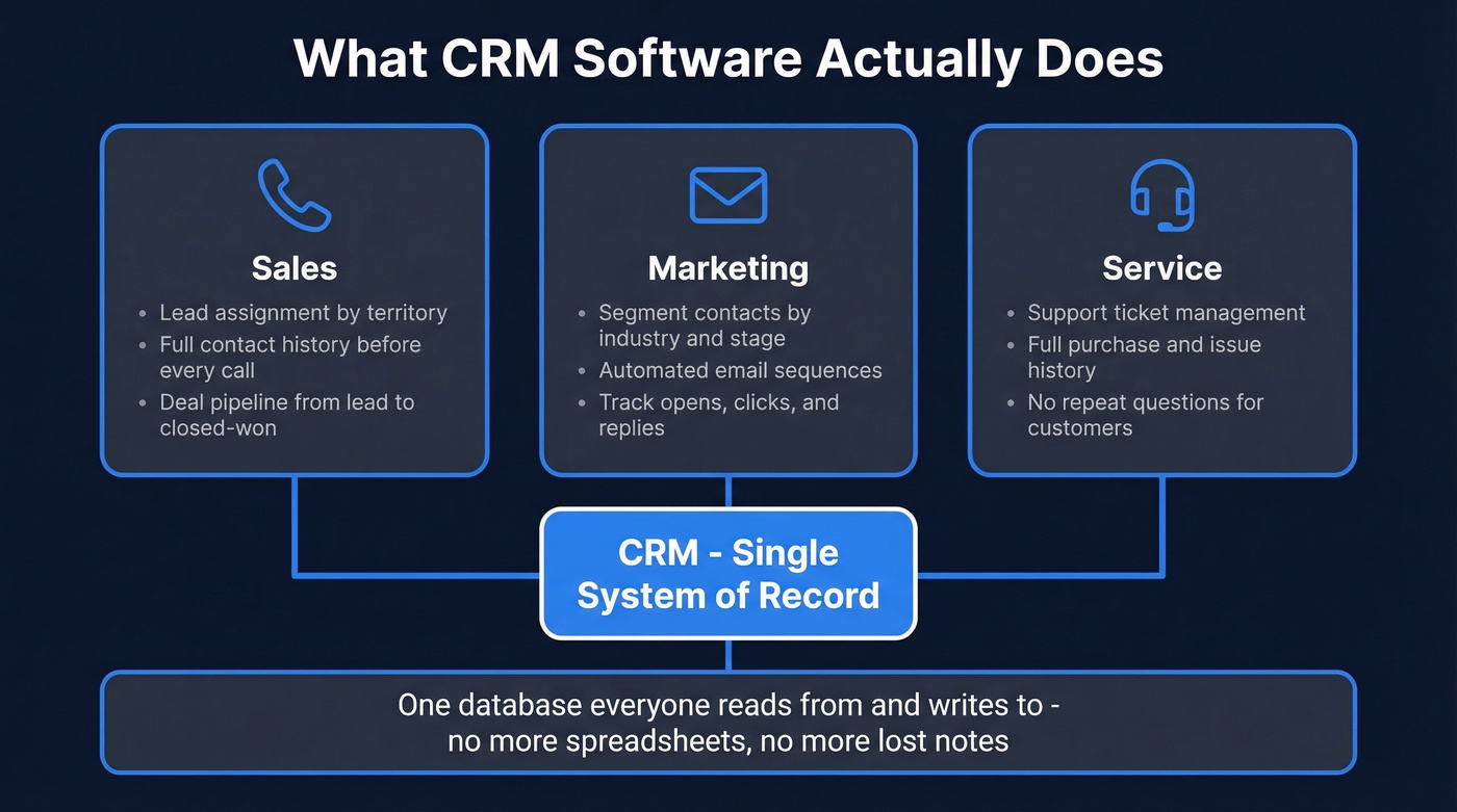 CRM system of record connecting sales, marketing, and service