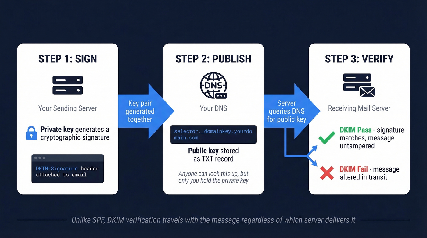 DKIM signing and verification three-step process flow