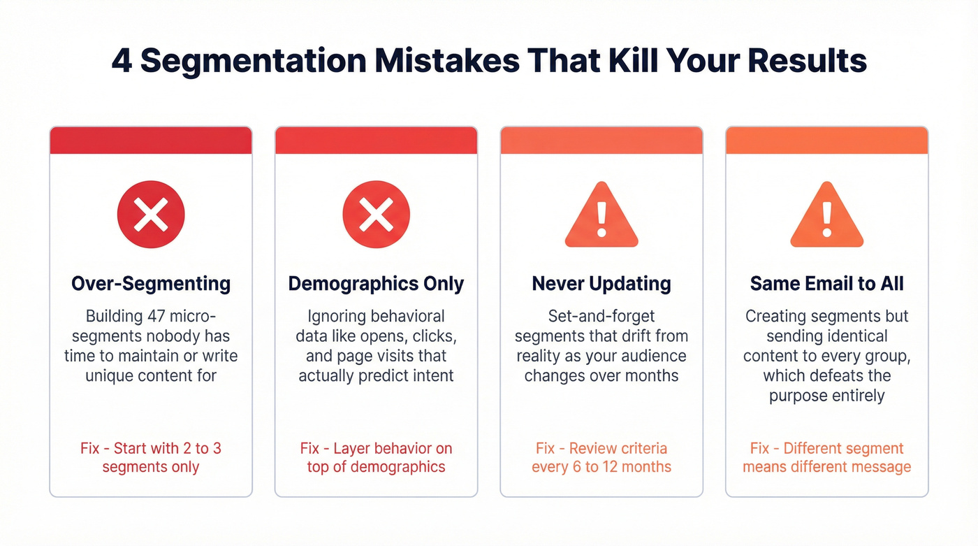 Four common email segmentation mistakes with warning indicators