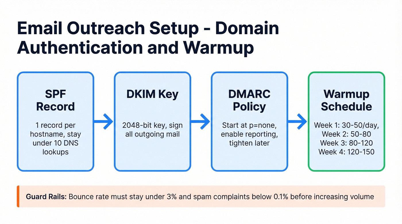 Email outreach domain setup and warmup process flow