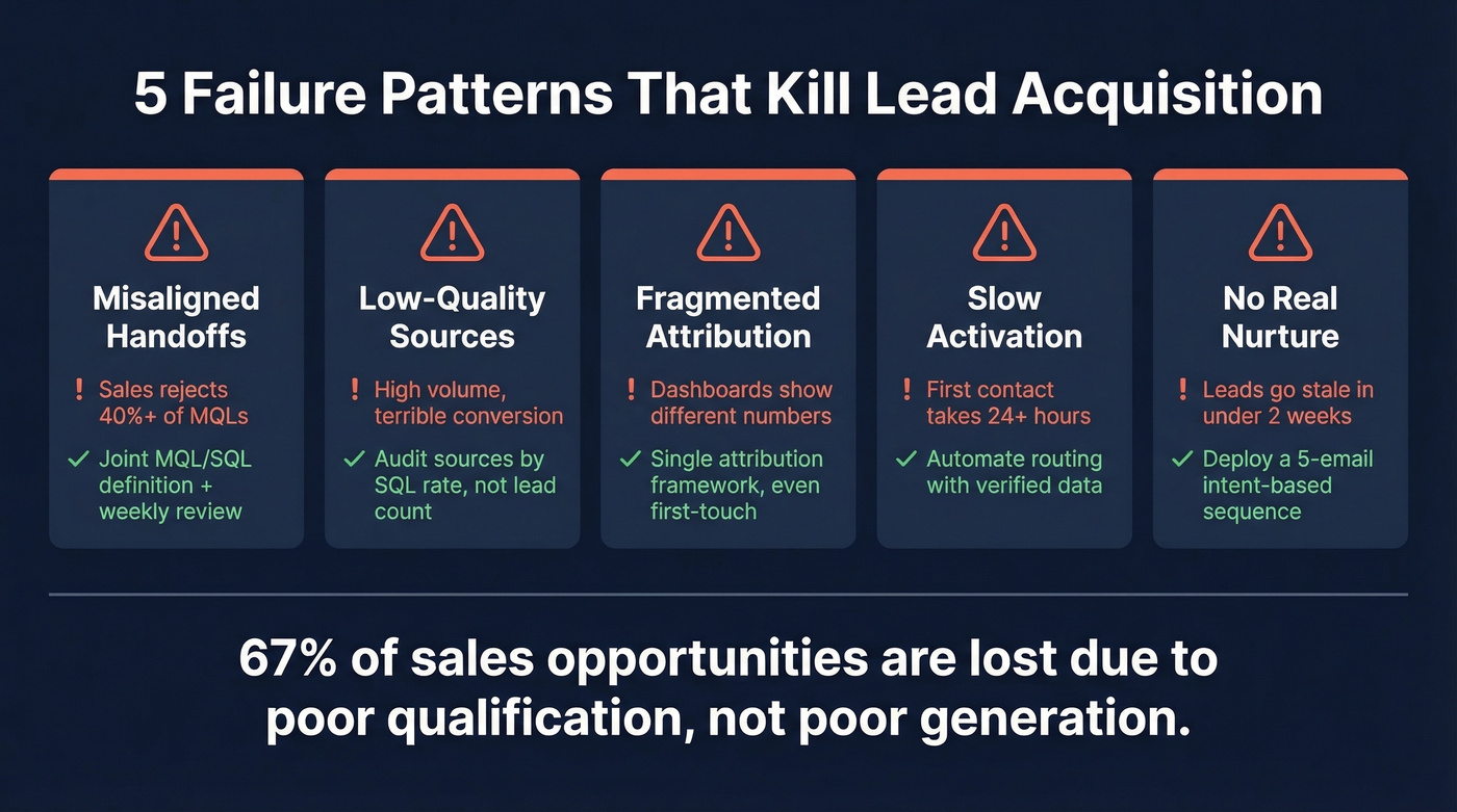 Five common lead acquisition failure patterns with warning signals