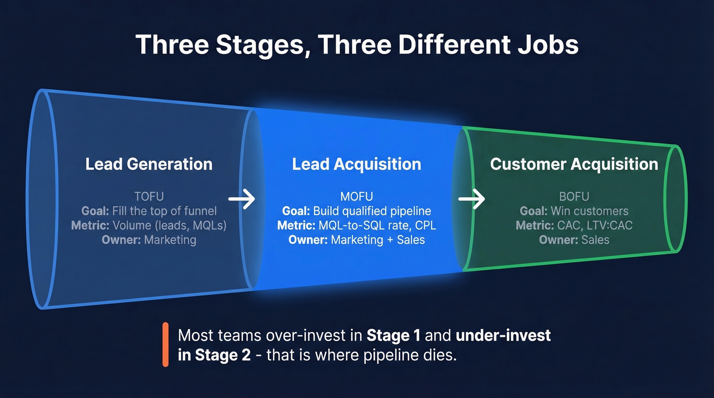 Funnel diagram comparing lead generation, acquisition, and customer acquisition stages