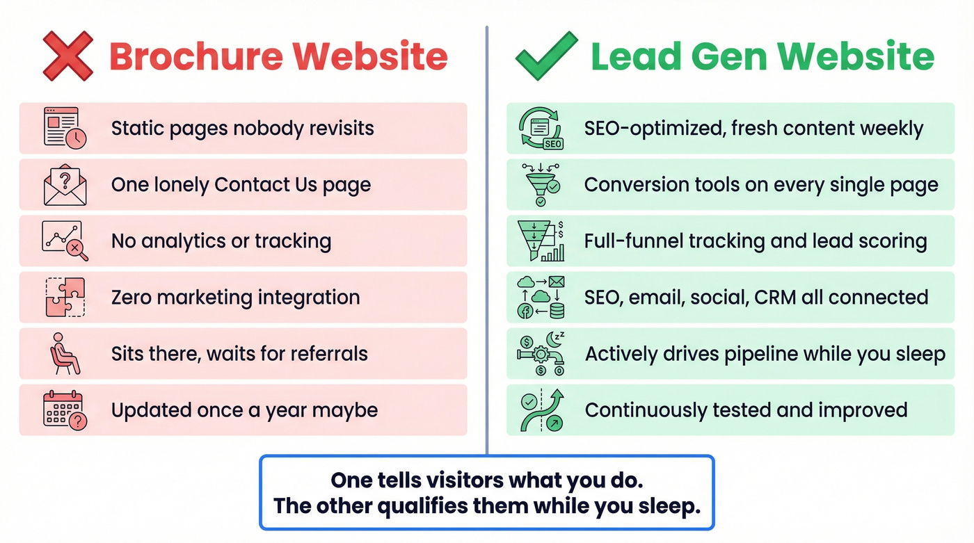 Side-by-side comparison of brochure vs lead gen website