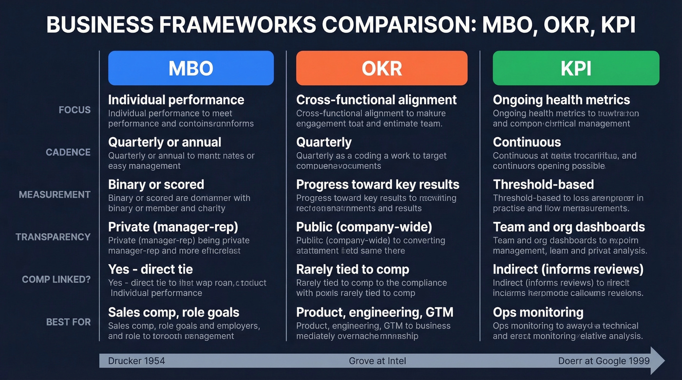 Visual comparison of MBO vs OKR vs KPI frameworks