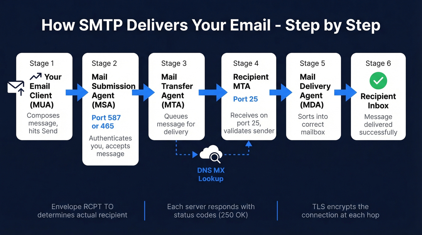 Email delivery flow from sender to inbox