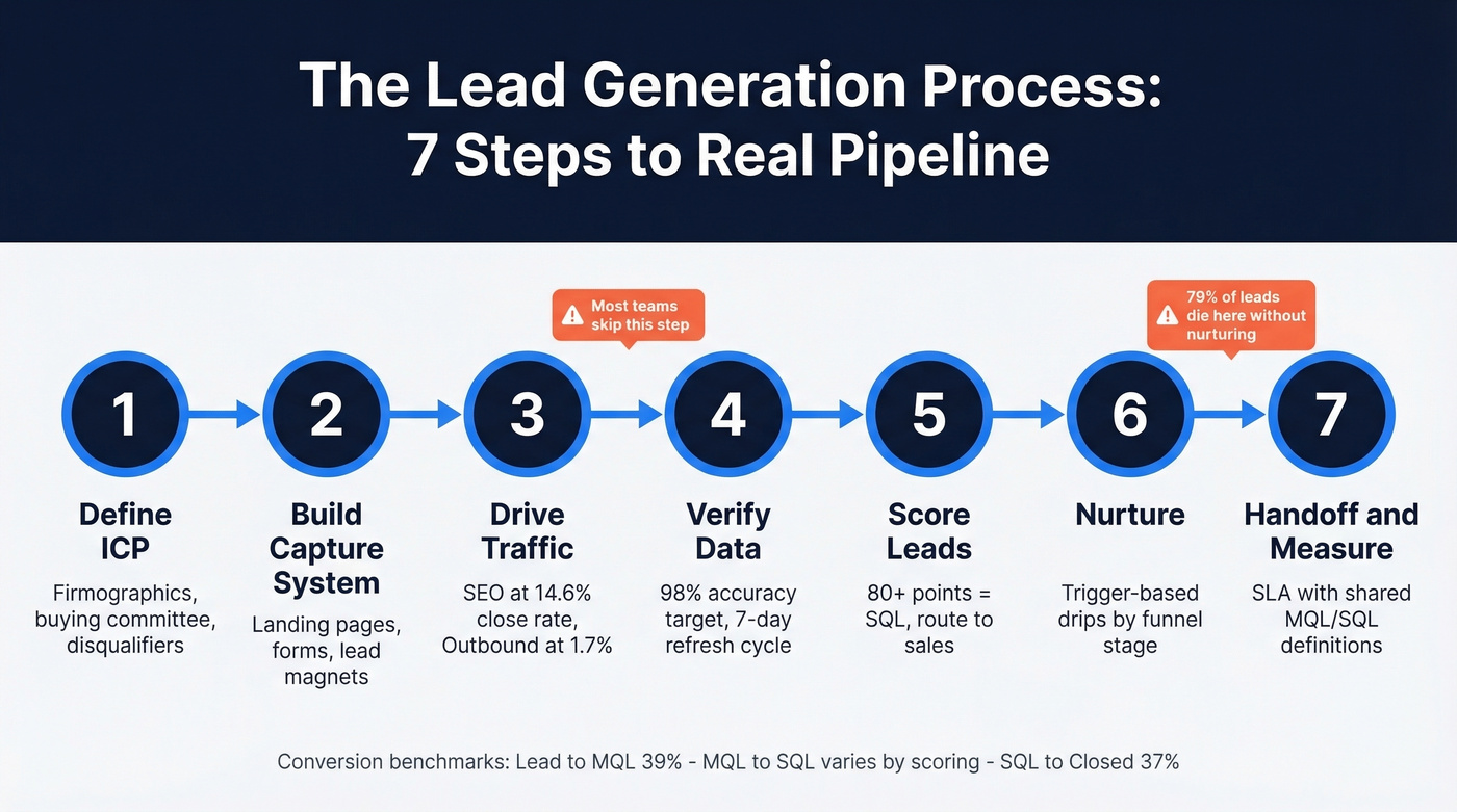 7-step lead generation process flow chart with conversion benchmarks