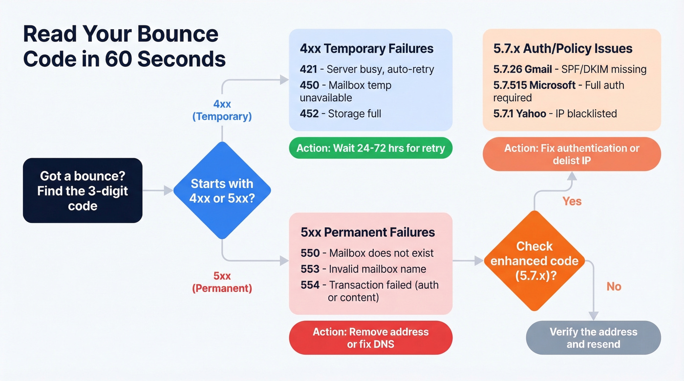 Bounce code decision tree for diagnosing email failures