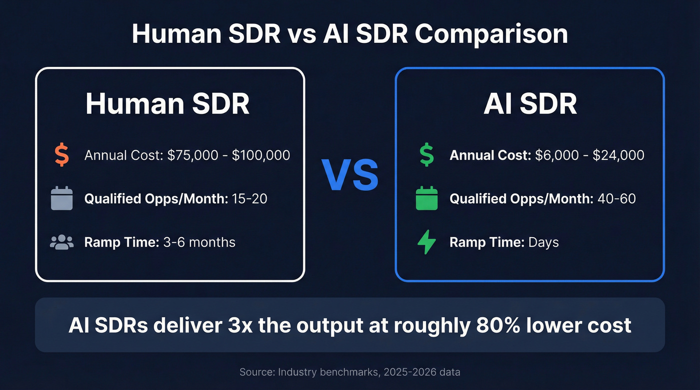 Human SDR vs AI SDR cost and output comparison