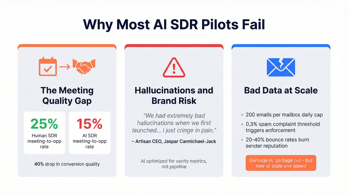 Three failure modes killing AI SDR pilots