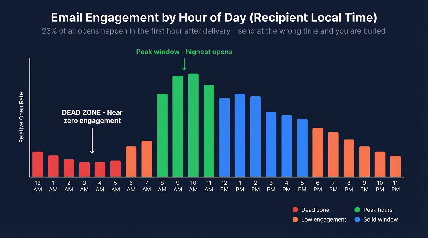 Email open rate by hour showing dead zones