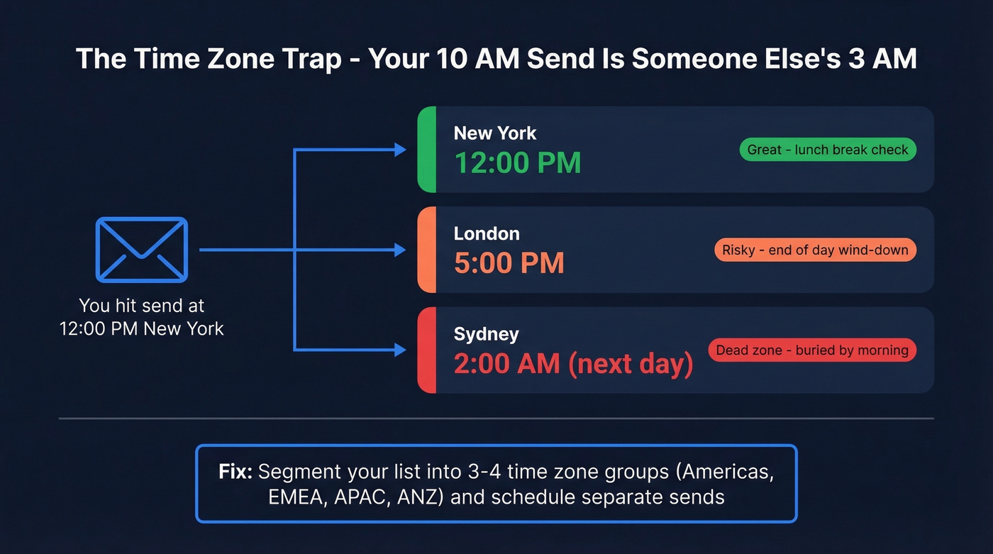 Time zone trap showing same email arriving at different local times
