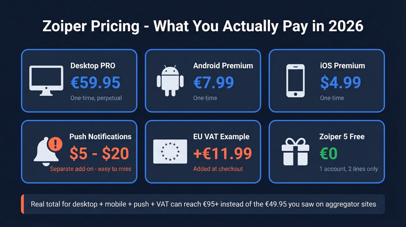 Zoiper pricing breakdown across all platforms with hidden costs