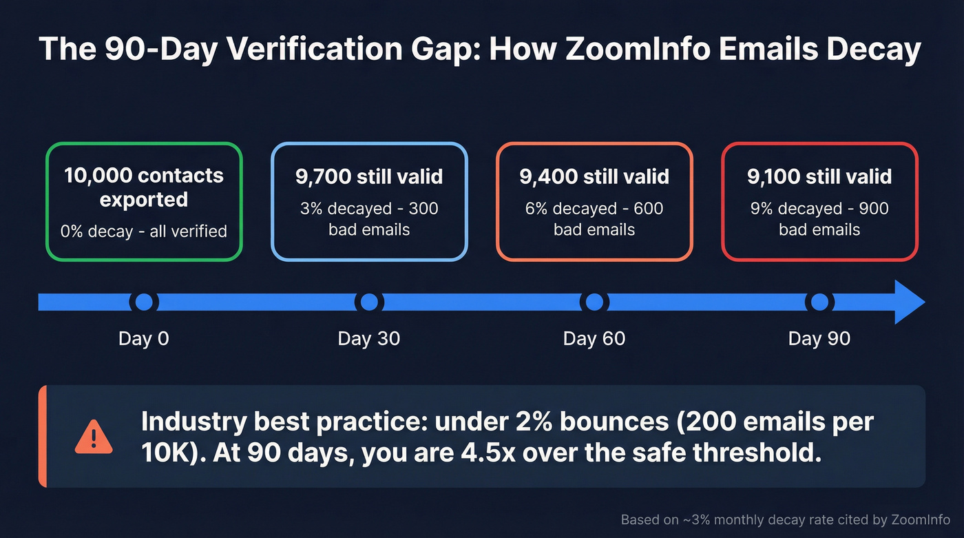 Email decay math showing 90-day verification gap impact