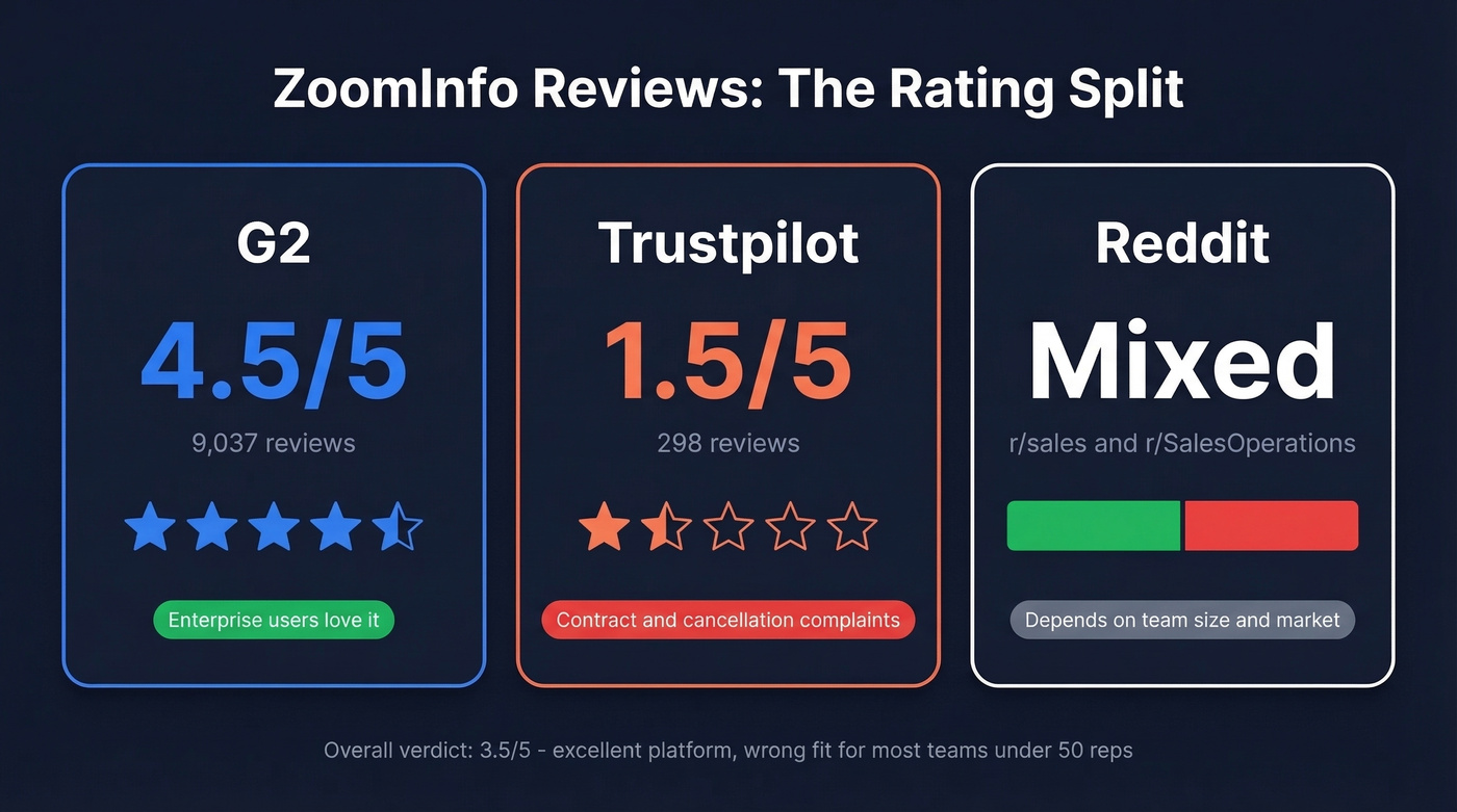 ZoomInfo review ratings across G2, Trustpilot, and Reddit